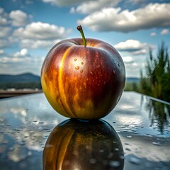 A juicy red apple with water droplets. reflected in a wet surface.