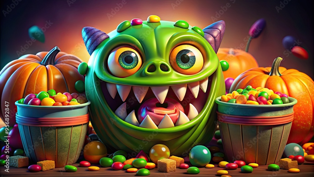 Colorful cartoon monster with razor-sharp teeth and glowing green eyes ...