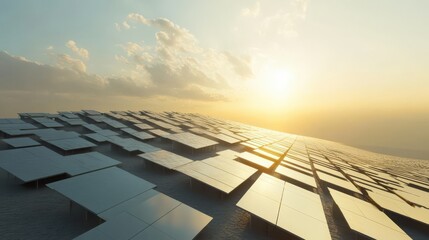 Vast solar panel array reflecting sunlight during sunset, showcasing renewable energy technology and sustainable development.
