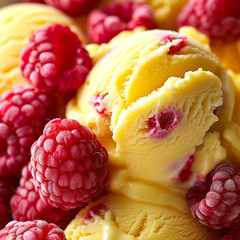 Wall Mural - Delicious scoops of raspberry ice cream with fresh berries in a bowl