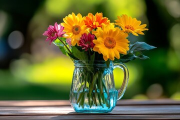 Still life, fresh-cut flowers, glass pitcher, sunlight highlight the natural beauty of the garden