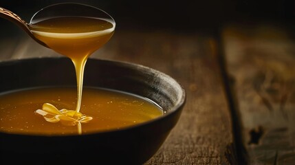 Sticker - A close-up of golden honey being poured into a bowl, showcasing its rich, viscous texture and amber color.