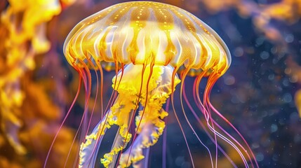A vibrant, tropical jellyfish with bright yellow and orange patterns, floating elegantly, isolated on a transparent background for use in high-definition displays.