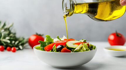 Hand pouring olive oil over a fresh salad, healthy fats for brain health, Mediterranean diet concept. 