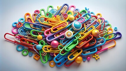 Colorful paper clips hold together a vibrant assortment of abstract shapes and icons, blending digital and physical elements in a creative, modern graphic design concept.