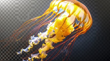 A vibrant, tropical jellyfish with bright yellow and orange patterns, floating elegantly, isolated on a transparent background for use in high-definition displays.