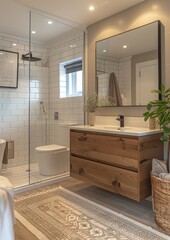 Minimalist Bathroom A clean, simple bathroom with white tiles, a floating vanity, and a walk-in shower. Include modern fixtures and natural light