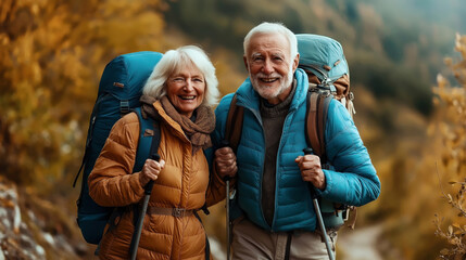 Canvas Print - An elderly couple is enjoying a hike in the outdoors, wearing warm jackets and carrying large backpacks. They are smiling and appear to be having a great time.