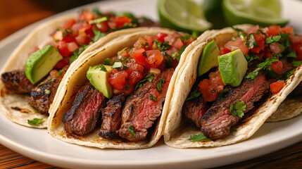 Juicy steak tacos with fresh salsa and avocado