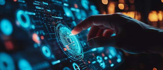 Closeup hand using computer implementing machine learning AI