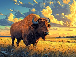 Wall Mural - Bison in a Field Illustration