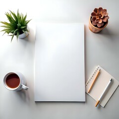 Sticker - Clean and minimalist workspace mockup featuring a blank white paper. a notepad. a cup of coffee. and potted succulents.