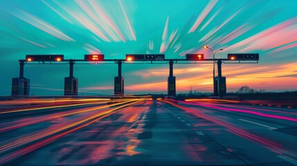 Canvas Print - Blurred streaks of light speed through an empty toll plaza under a vibrant sky, creating a sense of movement and energy against the tranquil sunset background.