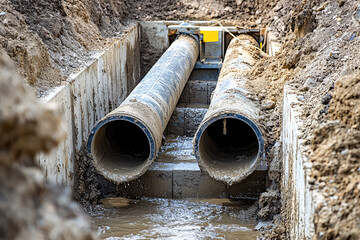 A glimpse into the hidden infrastructure: Two large drainage pipes emerge from the earth