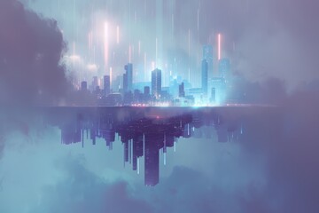 Wall Mural - A Futuristic Cityscape with an Inverted Reflection in the Clouds