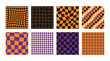 © DELYRICA - Halloween distorted checkered seamless patterns set. Psychedelic retro backgrounds 60s 70s style.