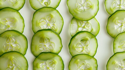 Wall Mural - Freshly sliced cucumbers arranged in neat rows display their crisp, green interiors with vibrant seed formations, exuding freshness and health.