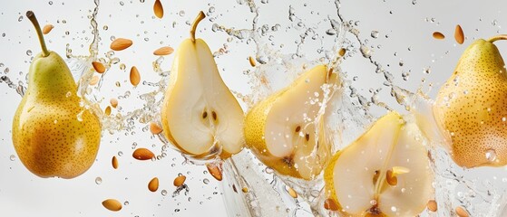 Fresh pears splashing into water, showcasing their juicy interior and vibrant color, perfect for culinary and health-related projects.