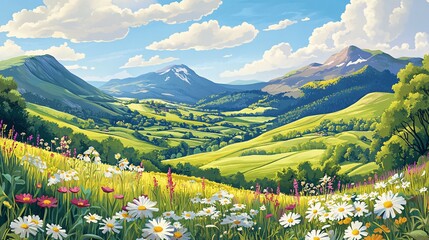 A breathtaking view of a valley, lush green fields dotted with wildflowers, and snow-capped mountains in the distance, under a blue sky with fluffy clouds.