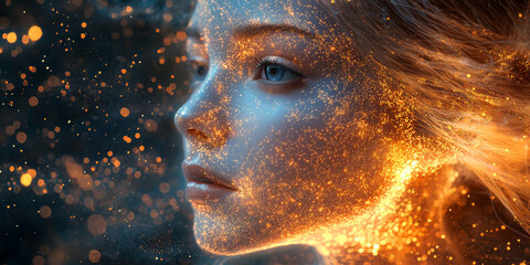 Poster - A woman's face is illuminated with warm, glowing light, creating a magical and ethereal effect.