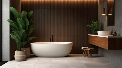 Wall Mural - Modern bathroom interior with a freestanding bathtub, wooden wall paneling, potted plants, and a floating vanity unit with a vessel sink and accessories.