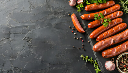 Canvas Print - Whole and cut delicious boiled sausages on table, top view. Space for text