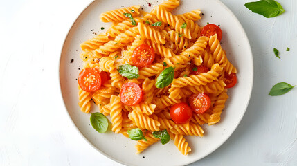 Italian traditional linguini pasta with tomatoes, pepper and basil, isolated on a white background.