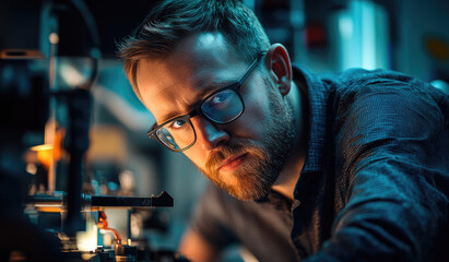 Poster - an engineer working on some mechanical equipment in a laboratory, with his colleagues behind him.