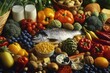 © Olsek - A vibrant display of fresh vegetables and fruits with a whole fish at the center. This image embodies healthy eating and nutrition. It captures food diversity. Generative AI