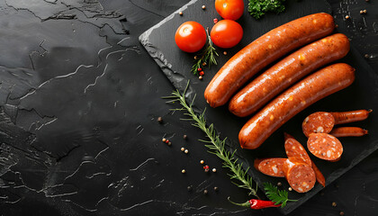 Poster - Whole and cut delicious boiled sausages on table, top view. Space for text