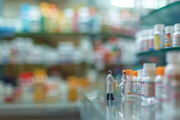 Miniature figures of pharmacists discussing in a vibrant pharmacy setting filled with colorful medicine bottles.