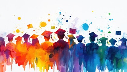 Wall Mural - Joyful Graduation Ceremony Watercolor Painting with Colorful Caps, Diplomas, and Paint Splatters