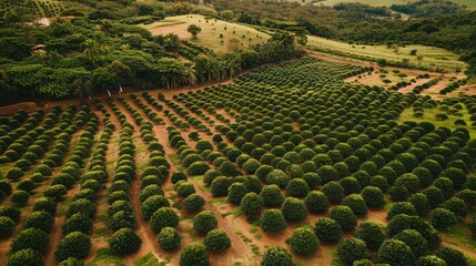 Poster - An aerial shot of lush, green agricultural fields divided into neat rows, showcasing nature's organized beauty and cultivation.