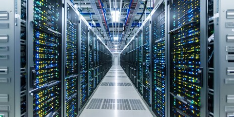 Aufkleber - A server room with rows of racks hosting data servers for a high-capacity warehouse infrastructure