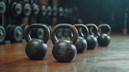 High-resolution background image of kettlebells in a weight training gym, ideal for fitness promotions