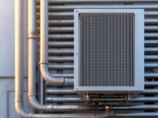 Close-up of an industrial air conditioning unit attached to metal pipes, showcasing modern HVAC technology in an urban setting.