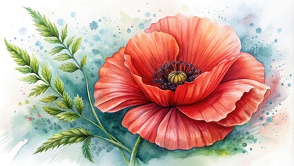 Wall Mural - Delicate, hand-drawn illustration of a vibrant red poppy bloom with intricate details, subtle texture, and soft, dreamy watercolor-inspired hues on a crisp white background.