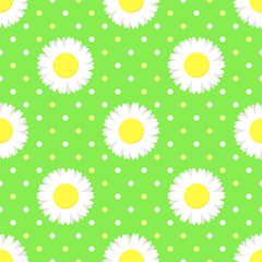 Sticker - White chamomile flowers on green polka dot background. Vector seamless pattern. Best for textile, wallpapers, wrapping paper, package and your design.