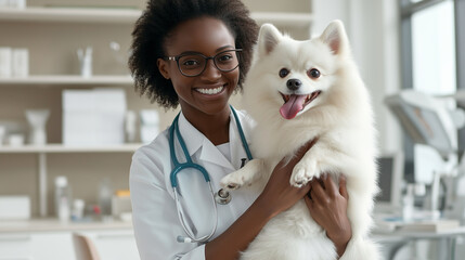 Medium shot of a Black female vet, smiling and holding a happy white Pomeranian dog post-vaccination, conveying trust and expertise in a modern vet clinic