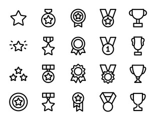 awards line icons set. reward, benefit, bonus, star, winner, medal, champion, trophy cup, awards and