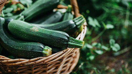 Canvas Print - Close-up of a wicker basket filled with zucchinis, surrounded by garden greenery.