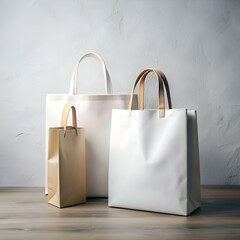 Three blank tote bags. one brown and two white. on a wooden table with a textured white background.