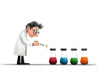 A cartoon scientist conducting experiments with colorful liquids in laboratory flasks, showcasing creativity and curiosity.