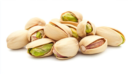 Close-up of tasty pistachios, isolated against a white background.