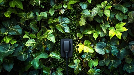 Eco-Friendly Electric Plug Surrounded by Lush Ivy and Greenery