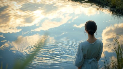 A Japanese woman standing by a river, the sky reflected in the calm water with gentle ripples