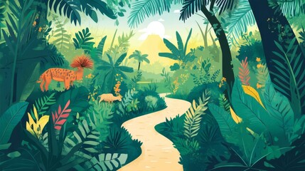 Idyllic jungle scene with vibrant plants, a winding path, and wildlife under a bright sun, capturing the beauty of nature.