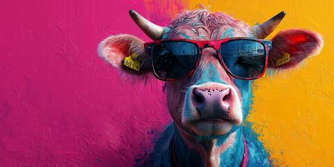 Wall Mural - A cow with a cool attitude, wearing stylish sunglasses and looking straight ahead.