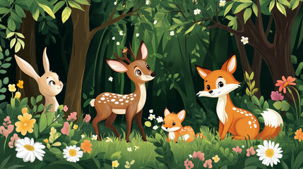 cartoon-style illustration of a forest with cute woodland animals like deer, rabbits, and foxes, surrounded by trees and flowers. The image suitable for children's books or educational materials