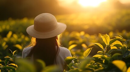 Wall Mural - araffe woman in a hat standing in a field of tea leaves